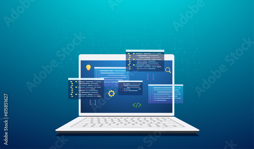 Concept of programming and coding with laptop, web site development, games. Programming and engineering development.