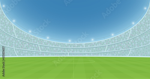 Football stadium with stands and floodlights in the day. Soccer championship background, banner, poster, template.