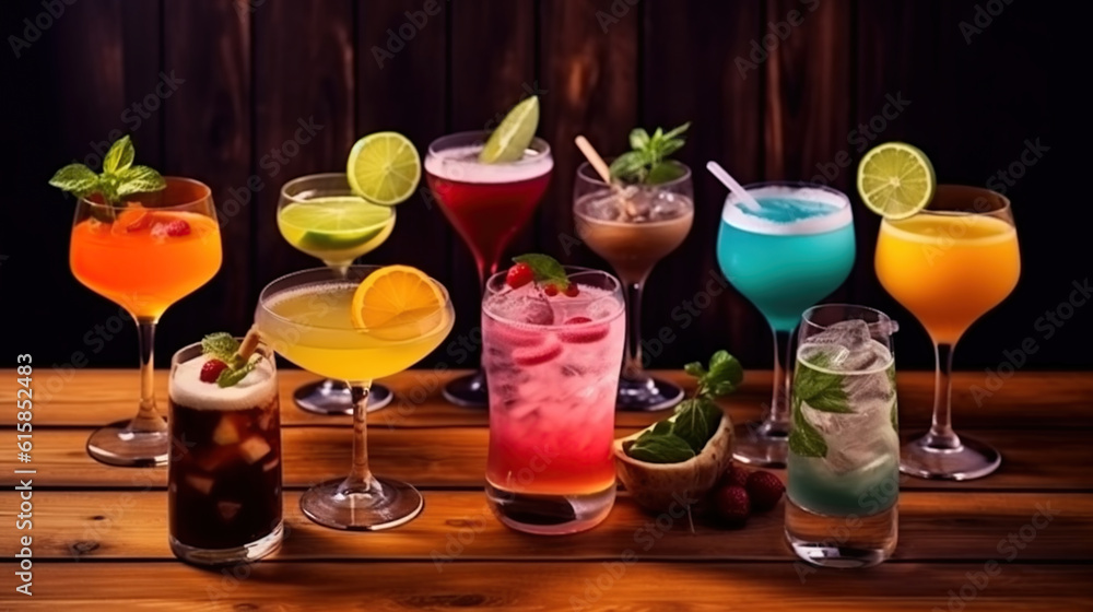 Different colorful exotic alcoholic cocktails on wood. Generative AI Different colorful exotic alcoholic cocktails on wood. Generative AI