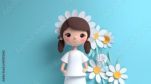 Cute cartoon girl birthday greeting banner on empty background for kids and childrens, invitation, wishes card
