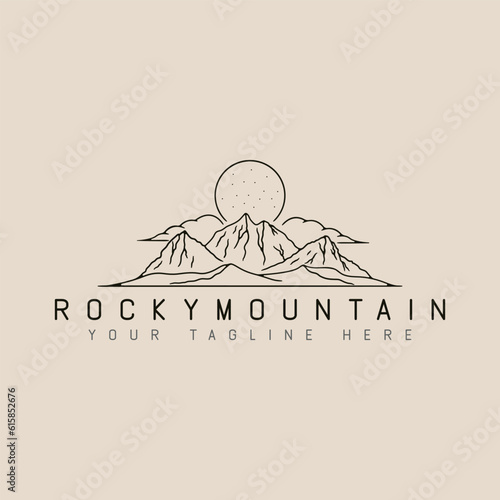 rocky mountain line art logo design with moon and cloud minimalist style logo vector illustration design