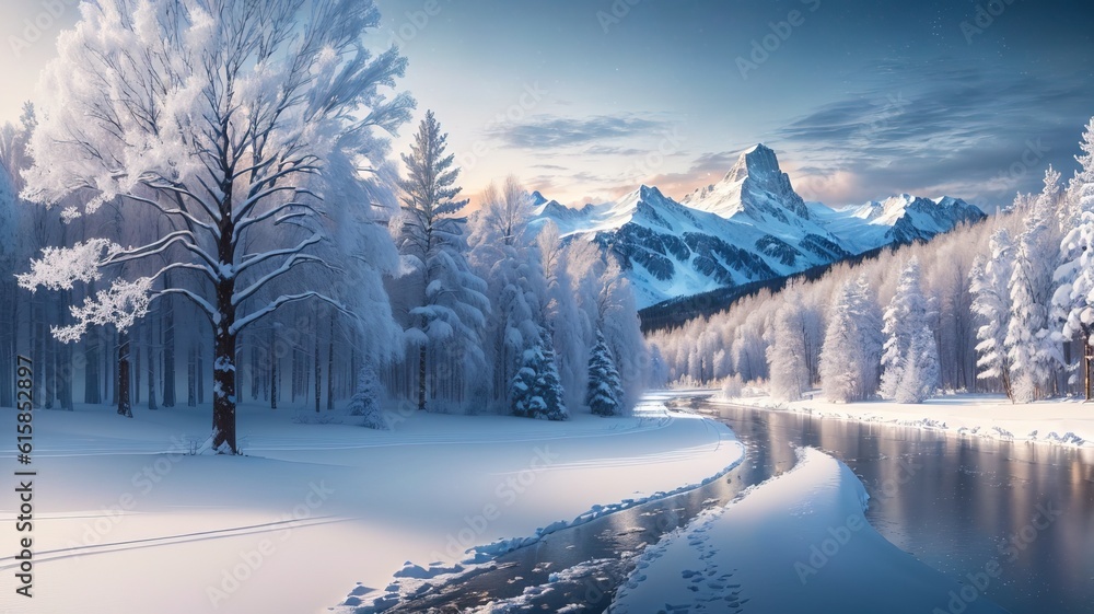 Fantastic winter landscape with snow covered trees on the shore of the lake. Dramatic wintry scene. Beauty world. Fantastic winter landscape with snow covered trees on the shore of the lake. Dramatic wintry scene. Beauty world.