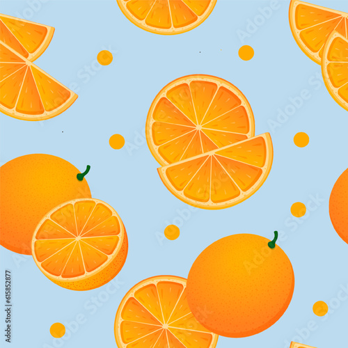 Oranges, half an orange, slices, seamless pattern in cartoon style. Vector