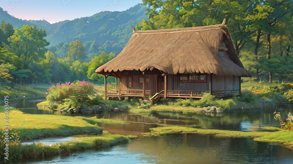 Traditional Japanese house on the shore of the river in the village. Traditional Japanese house on the shore of the river in the village.