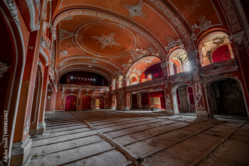 Exploring  Abandoned  Historic  Red  Cinema  Theatre  Miskolc  Hungary  Journey  Time  Culture  Forgotten  Architectural Gem  Heritage Site  Theatrical Splendor  Haunting Beauty  Time Capsule  Cultura