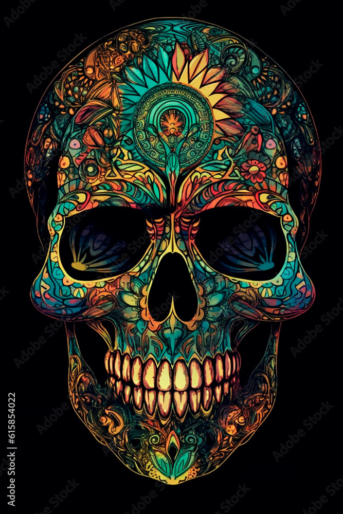 Illustration, a skull with a colorful pattern. AI generated.