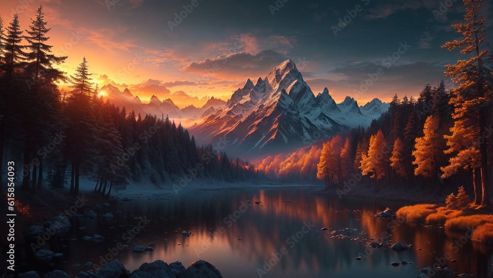 Fantastic colorful autumn landscape with snow-capped mountains and river at sunrise.