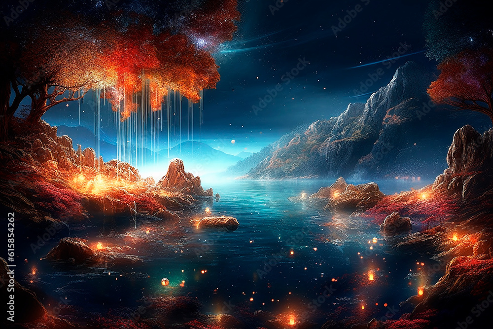 Fantastic night landscape, mountains, trees and glowing lights reflected in the water. Generative AI Fantastic night landscape, mountains, trees and glowing lights reflected in the water. Generative AI