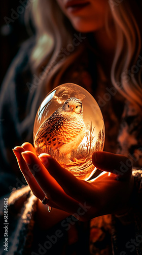 A young woman holds in her hand a transparent glass egg with a chick inside. Easter concept. Generative AI © Katerina Bond