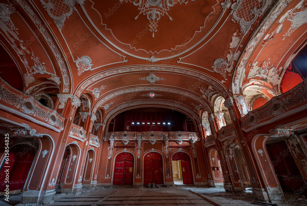 Fototapeta premium Exploring, Abandoned, Historic, Red, Cinema, Theatre, Miskolc, Hungary, Journey, Time, Culture, Forgotten, Architectural Gem, Heritage Site, Theatrical Splendor, Haunting Beauty, Time Capsule, Cultura