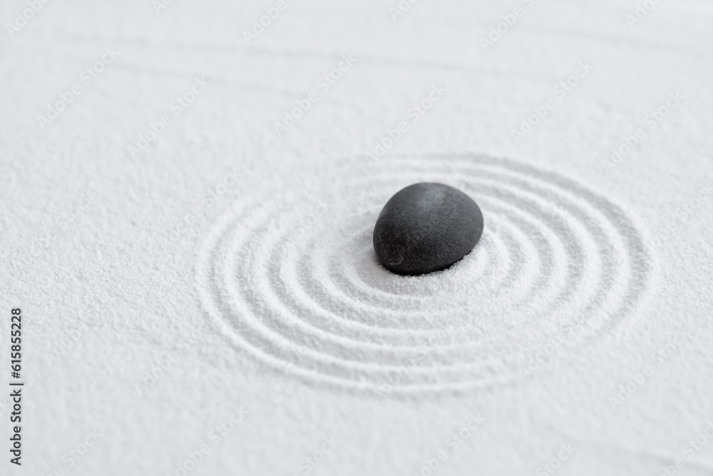 Zen Garden with Grey stone on White Sand Circles Pattern in Japanese