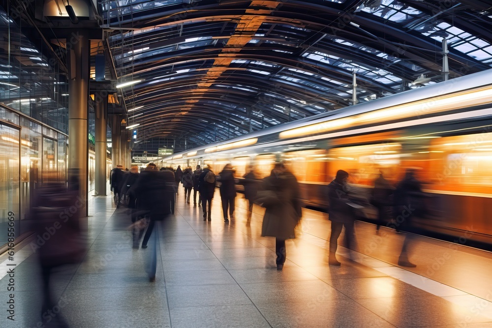 Passengers on a train station platform, generative ai Passengers on a train station platform, generative ai