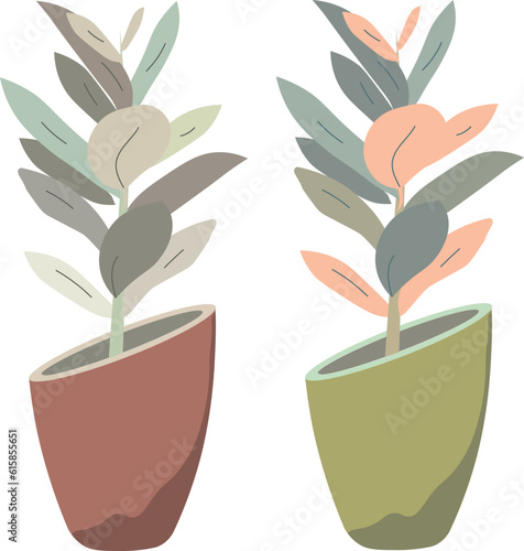 This composition features elegantly shaped ceramic flowerpots in terracotta and pastel green with a plant. Soft curves of the pot and warm earthy tones. Vector illustration.
