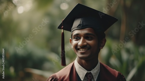 young  handsome indian student smiling and wearing academic dress and hat on the prom at the sunny university garden 