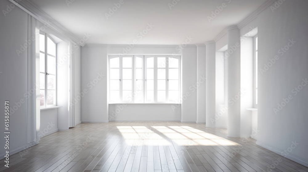 Obraz premium White minimalist room with blank walls and sunlight coming through the windows
