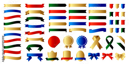 光沢のグラデーションリボン、プレゼントのラッピング。 赤、青、黄色、緑のベクターイラストセット素材