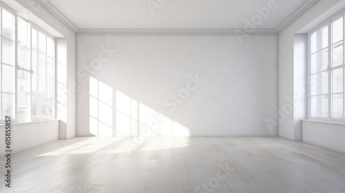 White minimalist room with blank walls and sunlight coming through the windows