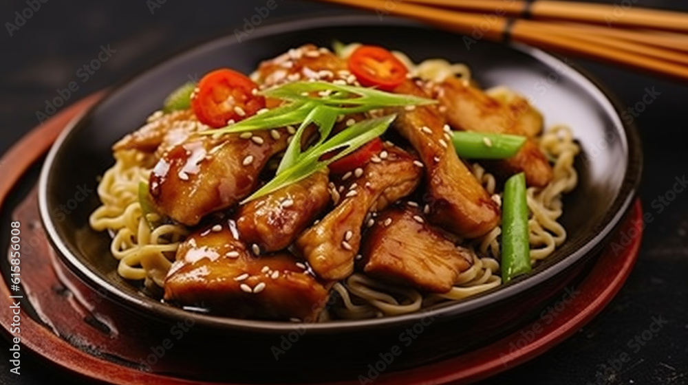 Teriyaki chicken with noodles and spring onions. Generative AI