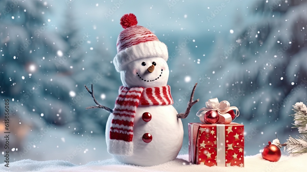 christmas - snow man with gift box for happy christmas and new year festival wallpaper, Merry christmas poster with snowman on snow background
