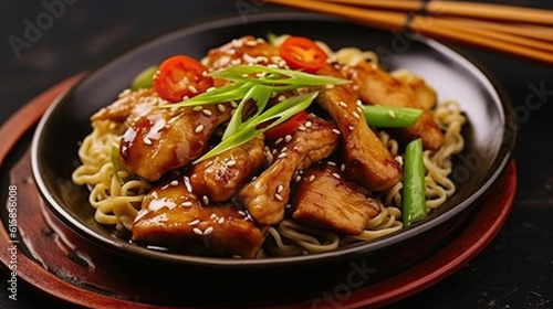 Teriyaki chicken with noodles and spring onions. Generative AI