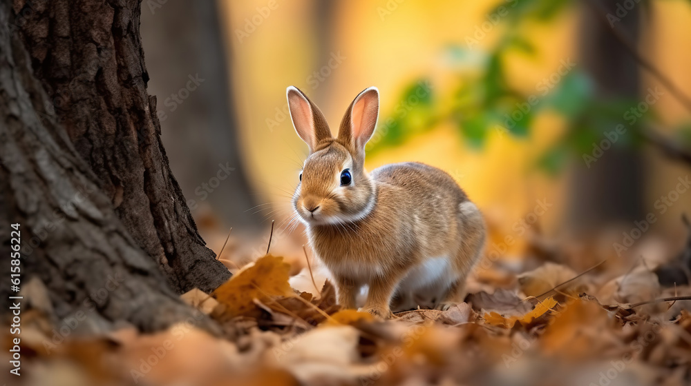 Fototapeta premium A small rabbit is standing in the leaves near a tree. Generative AI