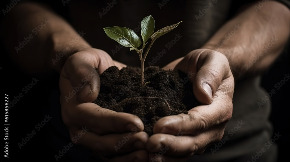 Man hands holding a green young plant. Generative Ai Man hands holding a green young plant. Generative Ai