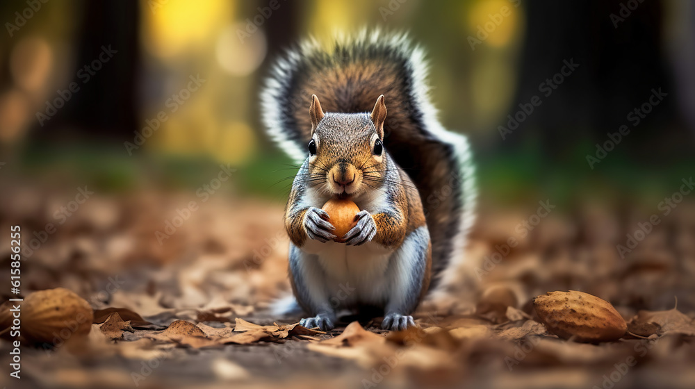A squirrel is holding a nut in its mouth while standing on its hind legs on the ground in front of a tree and leaves on the ground, Generative AI A squirrel is holding a nut in its mouth while standing on its hind legs on the ground in front of a tree and leaves on the ground, Generative AI