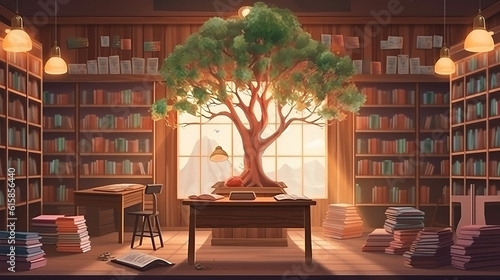 stack piles of text archive and blur aisle of bookshelves in school study class room. Generative Ai