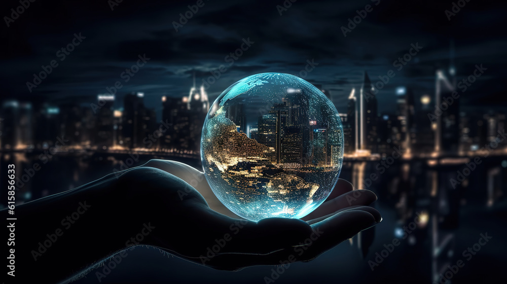 Earth at night was holding in hands on night city background , Energy saving, Earth day. Generative Ai Earth at night was holding in hands on night city background , Energy saving, Earth day. Generative Ai