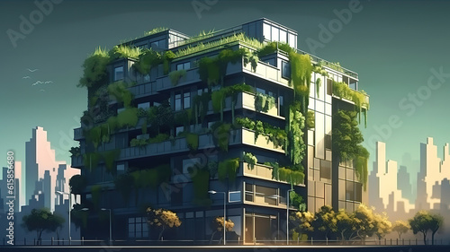 Futuristic building with natural decorations on its facade. Generative Ai