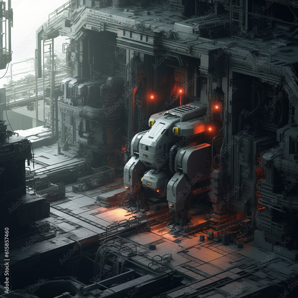 Obraz premium Factory Industrial Robot Production Futuristic 3D Sci-fi Science Fiction Machine Manufacturing Cyberpunk Technology Generative AI Revolution Age