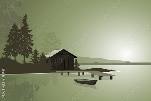 Wooden house in the forest near the lake with pier and boat, natural landscape, sunset sunrise. Vector illustration.