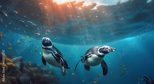A Couple Penguins and the Enchanting Dance of Delicate Fish around them. Generative AI