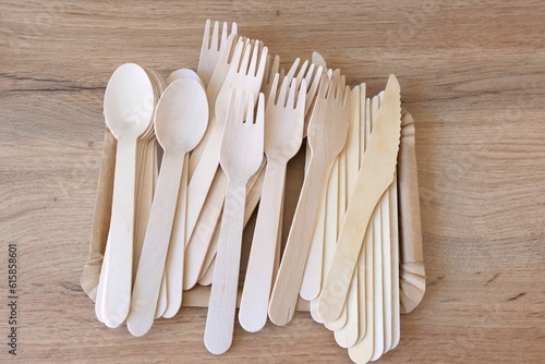 Picnic wooden cutlery and paper plates. Natural materials. Plastic free.