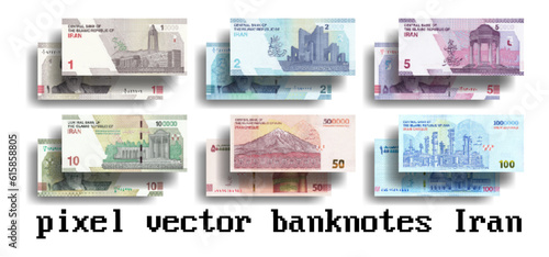 Vector pixelated mosaic set of new Iranian banknotes. Bills in denominations of 1, 2, 5, 10, 50 and 100 Iranian tomans. Millions of rials.