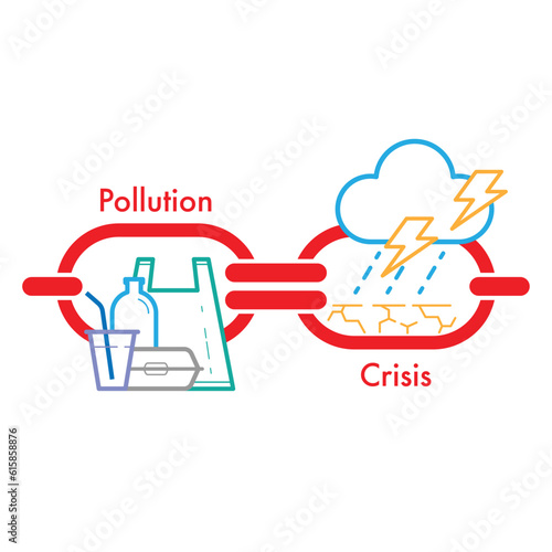 Chain symbol connect with equal sign as a gimmick of corresponding condition. Plastic pollution equal to climate crisis concept. Vector illustration outline flat design style.