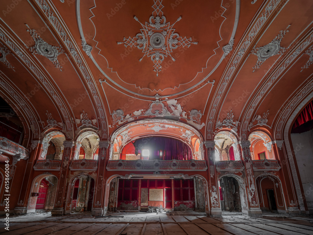 Obraz premium Exploring the Historic Abandoned Red Cinema and Abandoned Red Theatre in Miskolc, HungaryJourney Through Time and Culture