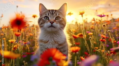 kitty cat and puppy on wild meadow field ,groop of bee and butterfly on flowers lavender, poppy ,daisies, cornflowers at summer sunset ,generated ai