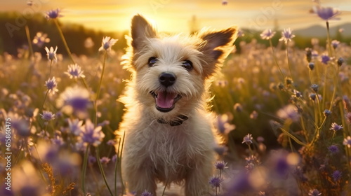 kitty cat and puppy on wild meadow field ,groop of bee and butterfly on  flowers lavender, poppy ,daisies, cornflowers at summer sunset ,generated ai © Aleksandr