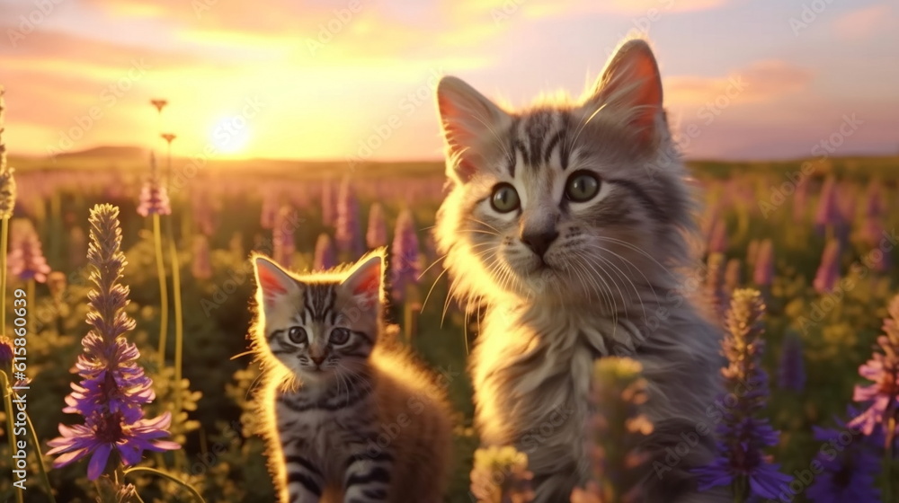 Obraz premium kitty cat and puppy on wild meadow field ,groop of bee and butterfly on flowers lavender, poppy ,daisies, cornflowers at summer sunset ,generated ai