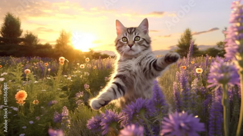 kitty cat and puppy on wild meadow field ,groop of bee and butterfly on  flowers lavender, poppy ,daisies, cornflowers at summer sunset ,generated ai