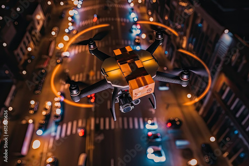 an aerial drone flying over a city at night with traffic lights and buildings in the background image used for commercial use © Golib Tolibov