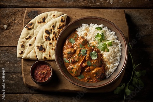Chicken tikka masala with spicy curry sauce. Meat food in a clay plate with rice. AI generated