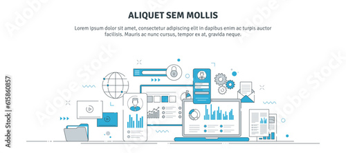 Vector illustration of finance management, finance business, data analysis. Graphs, charts and business report data, personal or corporate budget, financial income. Thin line icons design.