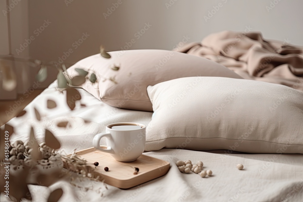 Pillows and a white cup are on the ground. Eco friendly architecture for comfortable living. picture in soft, neutral hues. Generative AI
