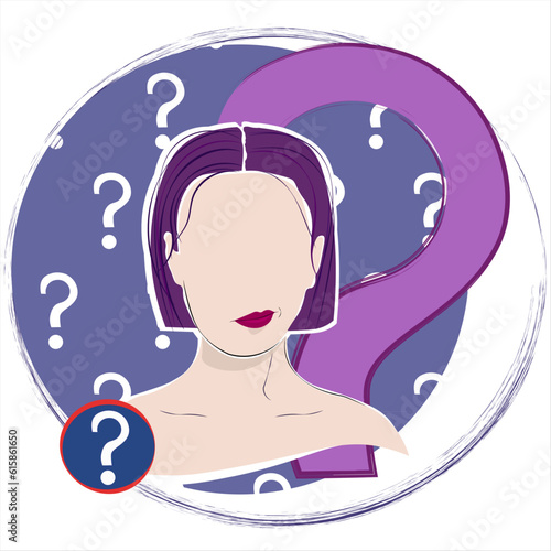 Portrait of girl, woman face. Hesitating person. Silhouette. Vector illustration in flat design. Isolated on a white background.