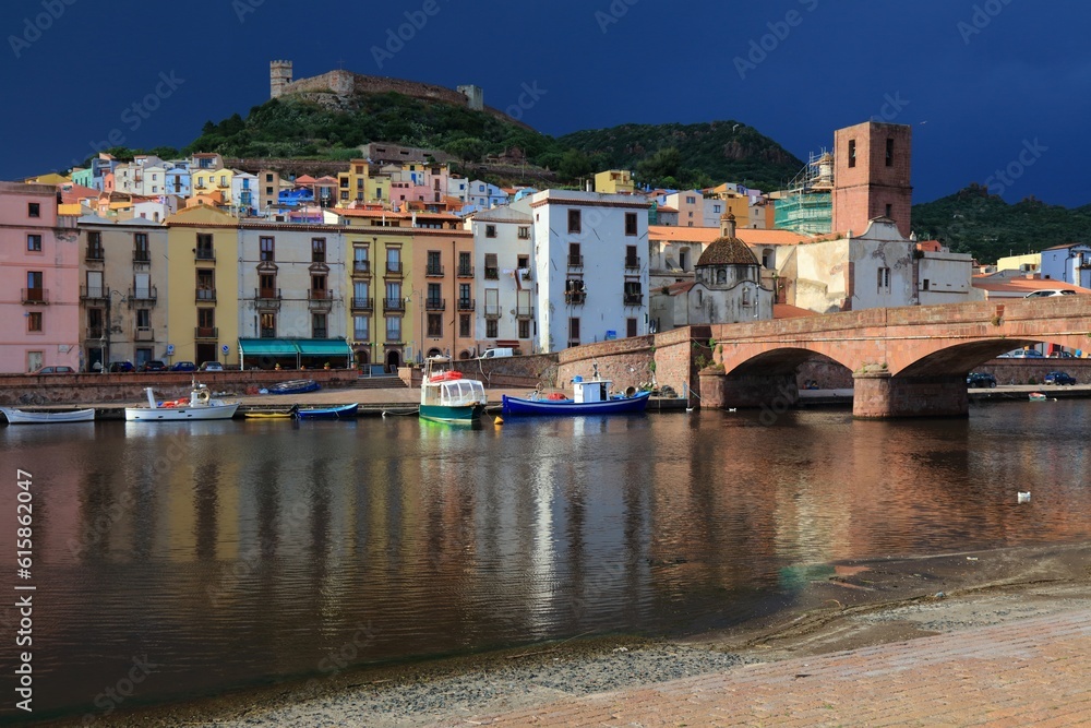 Bosa - Italian town in Sardinia island (Oristano Province). Old Town skyline with river Temo.