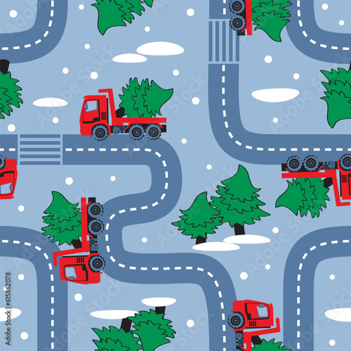 Cartoon road with red dump truck and Christmas tree seamless pattern . Vector illustration.