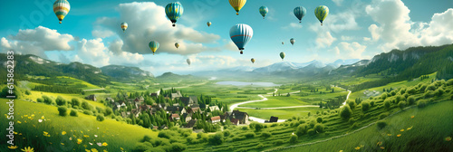 Picturesque summer landscape with colorful hot air balloons panorama. Generative AI