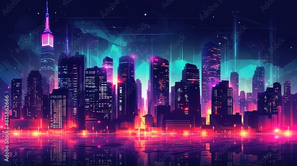 illustration Neon city at night with bright colorful neon lights. AI generation